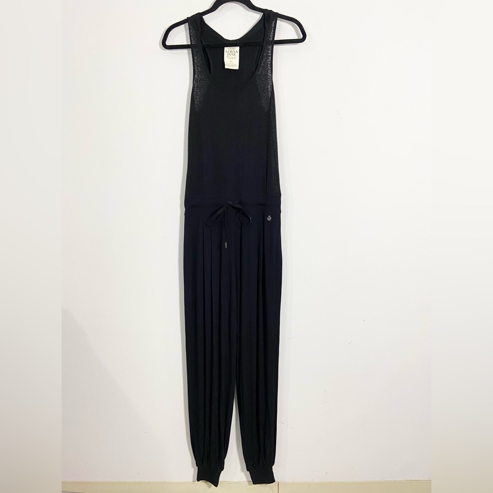 Lorna Jane Black Sleeveless Hooded Scoopneck Lightweight Jumpsuit